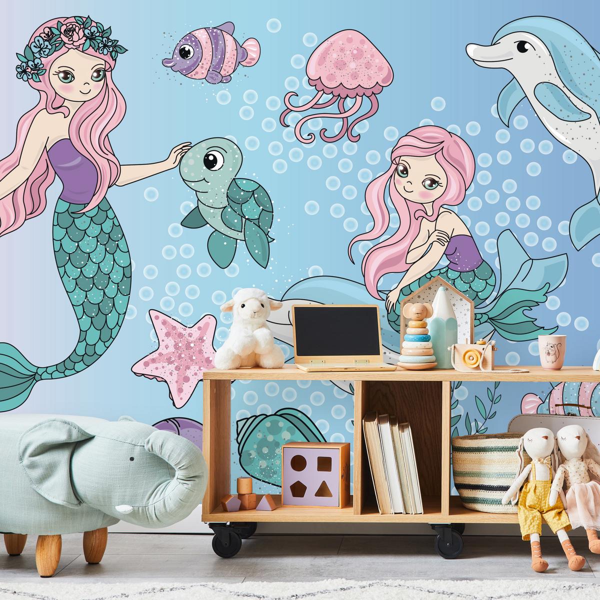 FOTOTAPETE für Kinderzimmer Meerjungfrauen Delfine Fische Muscheln Qualle Schildkröte 350x256 - Multicolor, Papier (350/256cm) - Muralo
