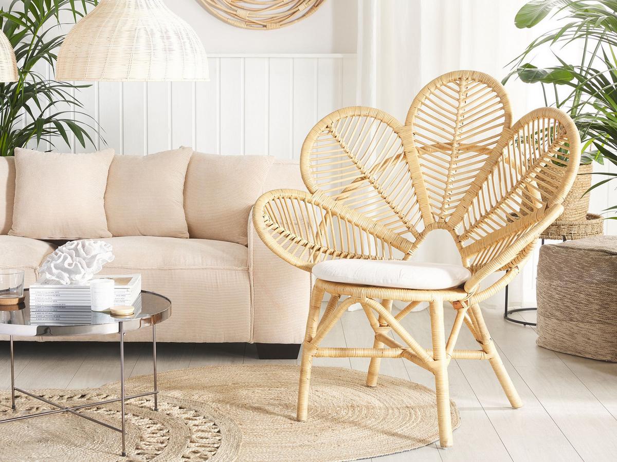 RATTANSTUHL natürlich Auflage beige Pfauform Florentine - Beige/Naturfarben, Naturmaterialien (95/107/68cm) - Beliani