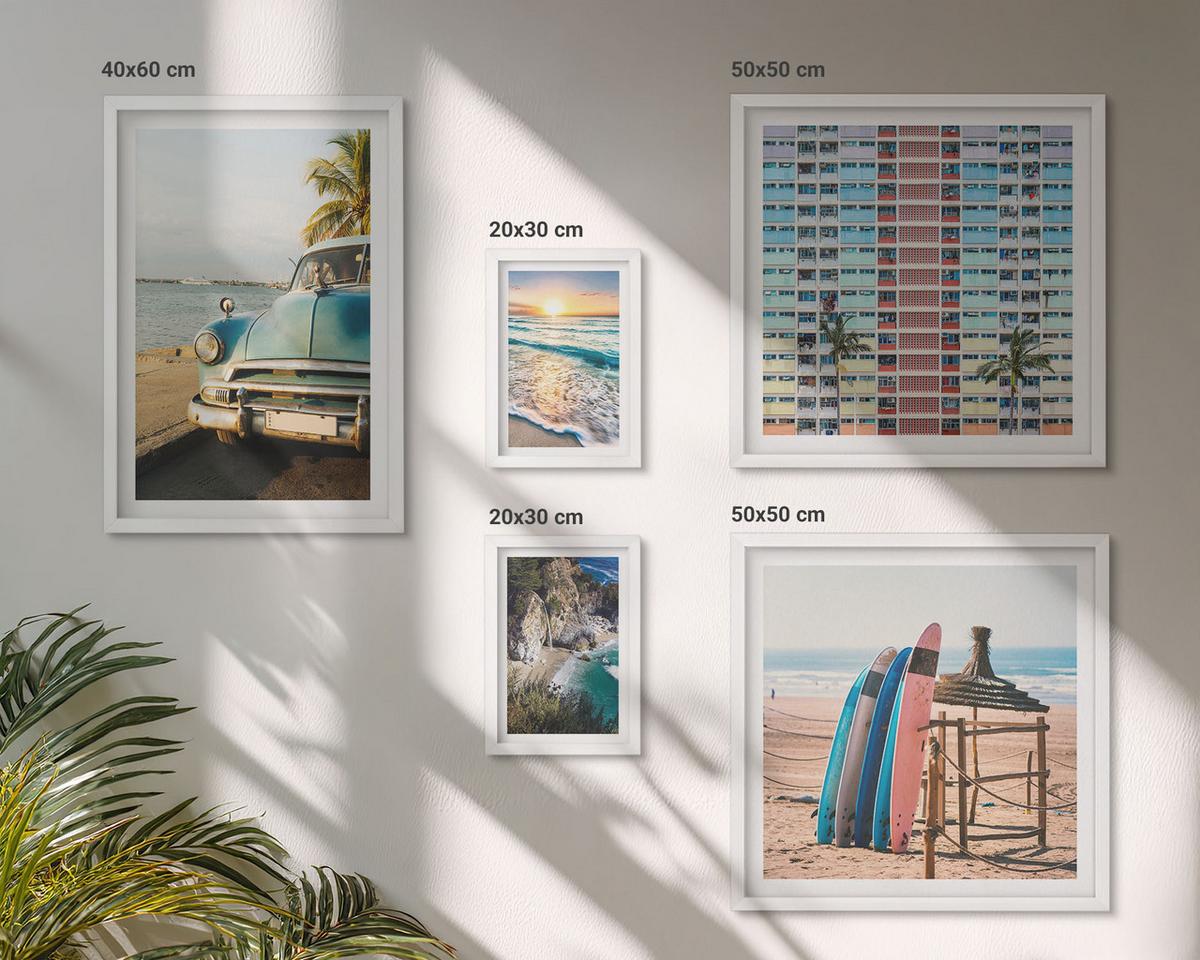 BILDER SET 5er Set - 50x50 cm & 20x30 cm & 40x60 cm Weißer Rahmen - Sonnenuntergang in Miami - Weiß, Kunststoff (40/60cm) - TULUP