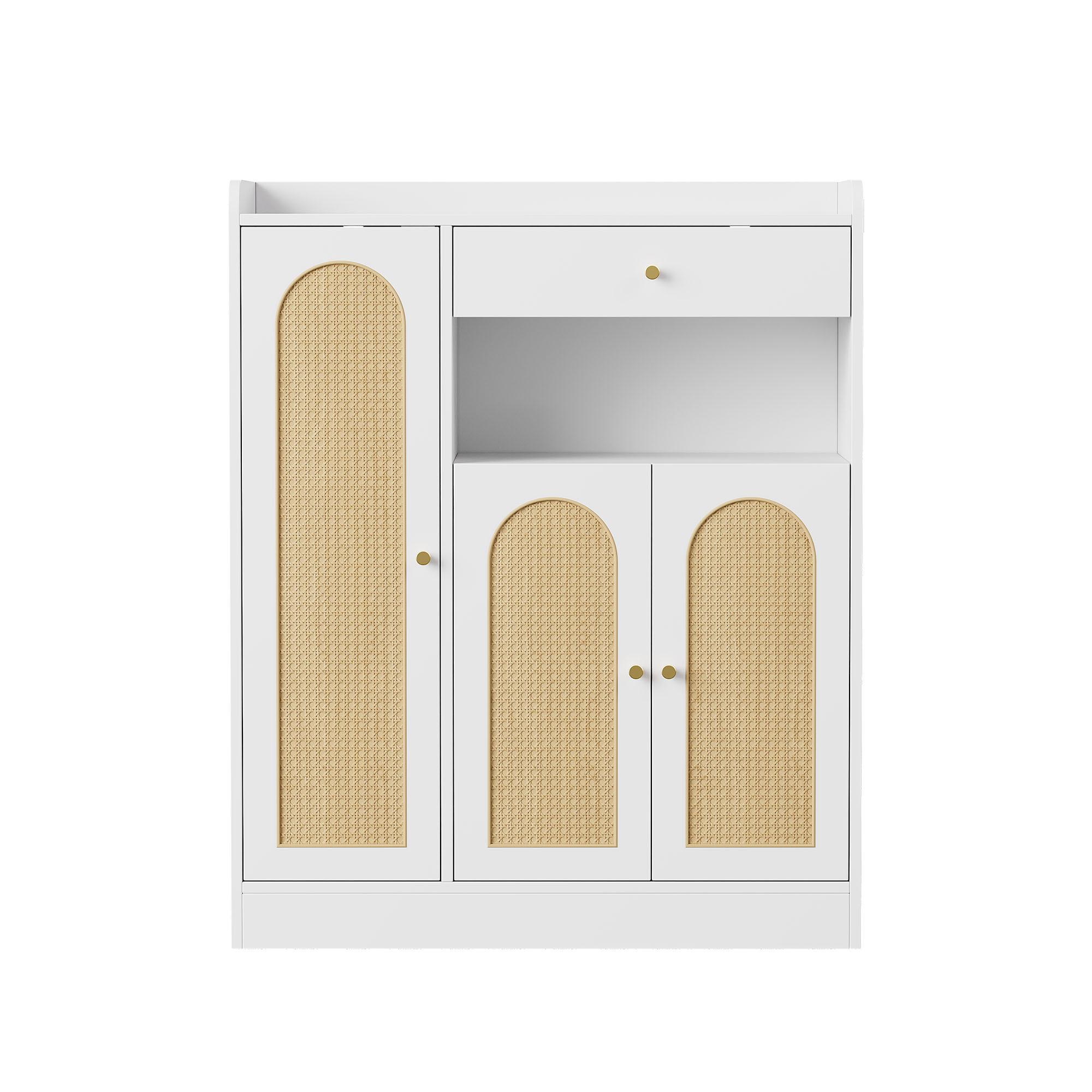 SCHUHESCHRANK Rattan Weiß & Natur Mit 3 Türen & 1 Schublade - Weiß, Holzwerkstoff (90/110/35cm) - Urban Meuble