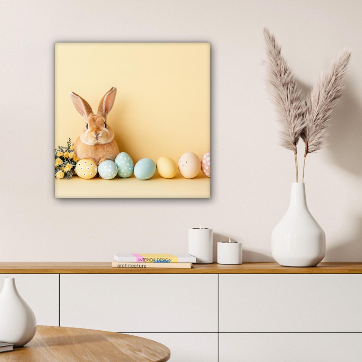 LEINWANDBILD Eier - Kaninchen - Pastellfarbtöne Wandbild Wohnzimmer 50x50 cm - Hellgelb, Textil (50/50cm) - MuchoWow