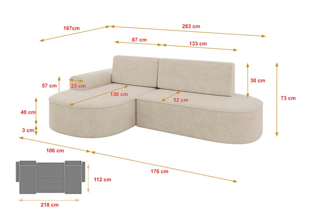 ECKSOFA mit Schlaffunktion und Bettkasten Ottomane Links MARI-L1-S - 283x167x73 cm Beige Velours - Sandfarben/Schwarz, Holzwerkstoff/Kunststoff (283/167cm) - ALTDECOR