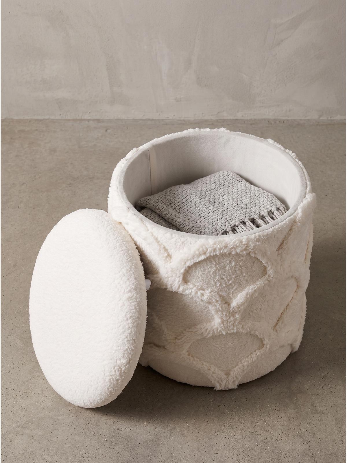 SITZHOCKER RHONE, Teddystoff, mit Wellenmuster, Creme, Ø 40 x 45 cm - Beige/Creme, Textil (40/45/40cm) - KADIMA DESIGN