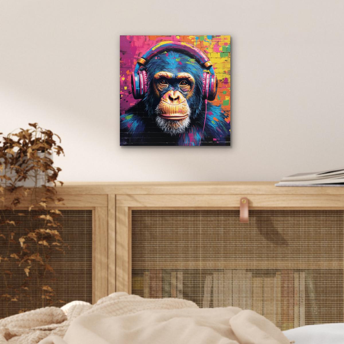 METALLBILD Graffiti - Schimpanse - Straßenkunst - Kopfhörer - Affe 20x20 cm - Blau, Metall (20/20cm) - MuchoWow