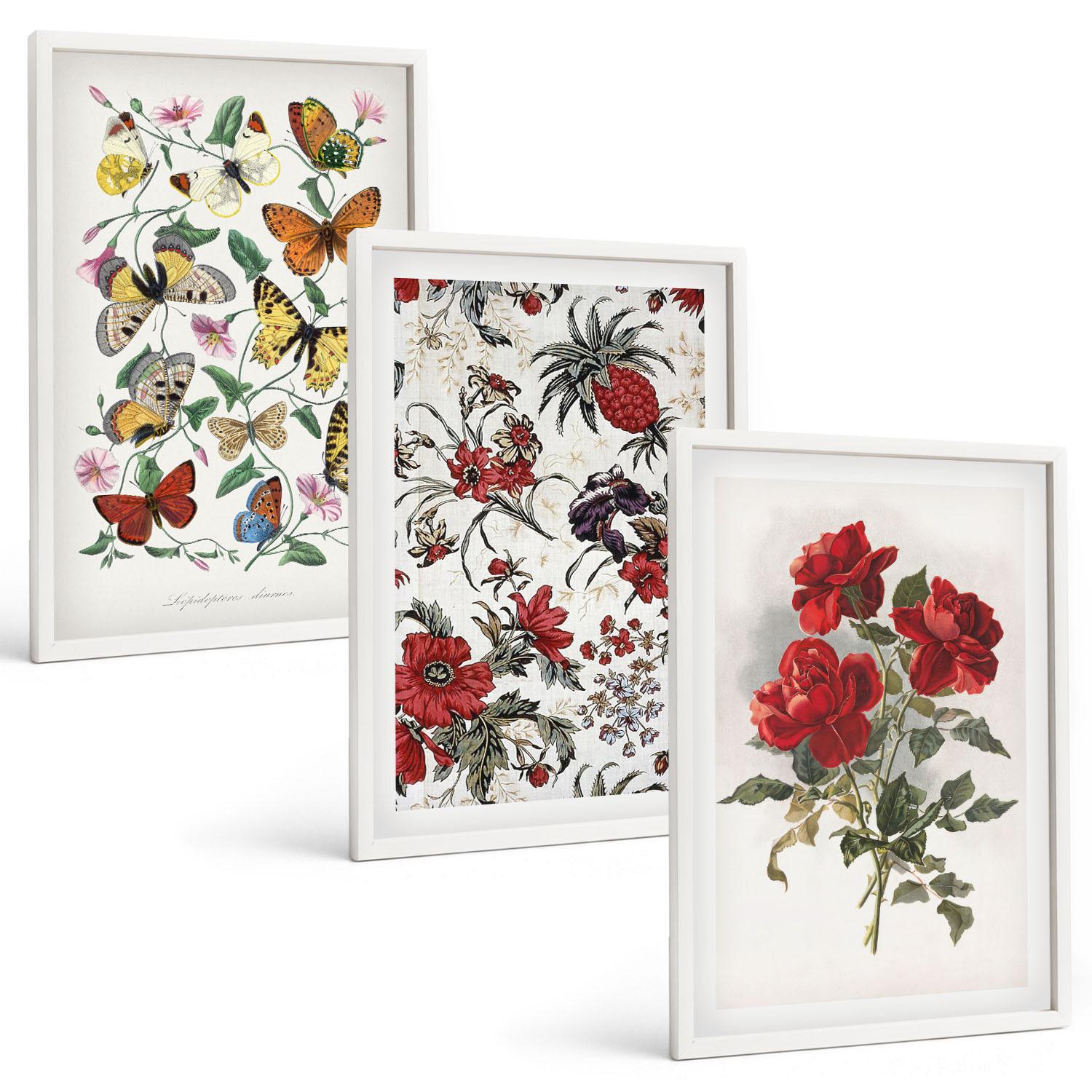 BILDER SET 3er Set - 40x60 cm Weißer Rahmen - Schmetterlinge, Blumen, rote Rosen - Weiß, Kunststoff (40/60cm) - TULUP
