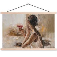 POSTER MIT MAGNETLEISTEN Ölgemälde - Frau - Wein Wandbilder 60x40 cm - Hellbraun, Textil (60/40/0.15cm) - MuchoWow