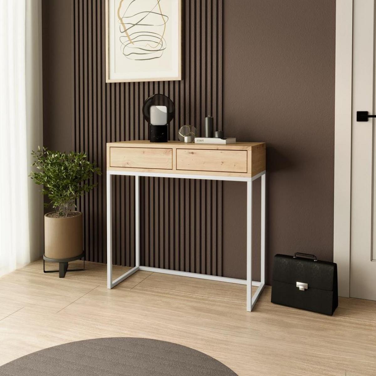 KONSOLENTISCH Lango 80/85/35 eiche Artisan mit weißen Metallbeinen - Eiche Artisan/Weiß, Holzwerkstoff/Metall (35/80/85cm) - Beautysofa