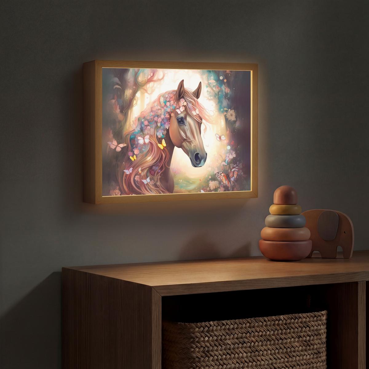 NACHTTISCHLAMPE MIT AKKU Pferd - Natur - Blumen - Schmetterlinge - Wald 40x30 cm - Dunkelbraun, Holzwerkstoff (8/40/30cm) - OnlyWow