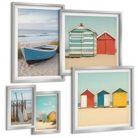 BILDER SET 5er Set - 50x50 cm & 20x30 cm & 40x60 cm Silberner Rahmen - Farbenfrohe Berge und Küstenstädte - Silberfarben, Kunststoff (40/60cm) - TULUP