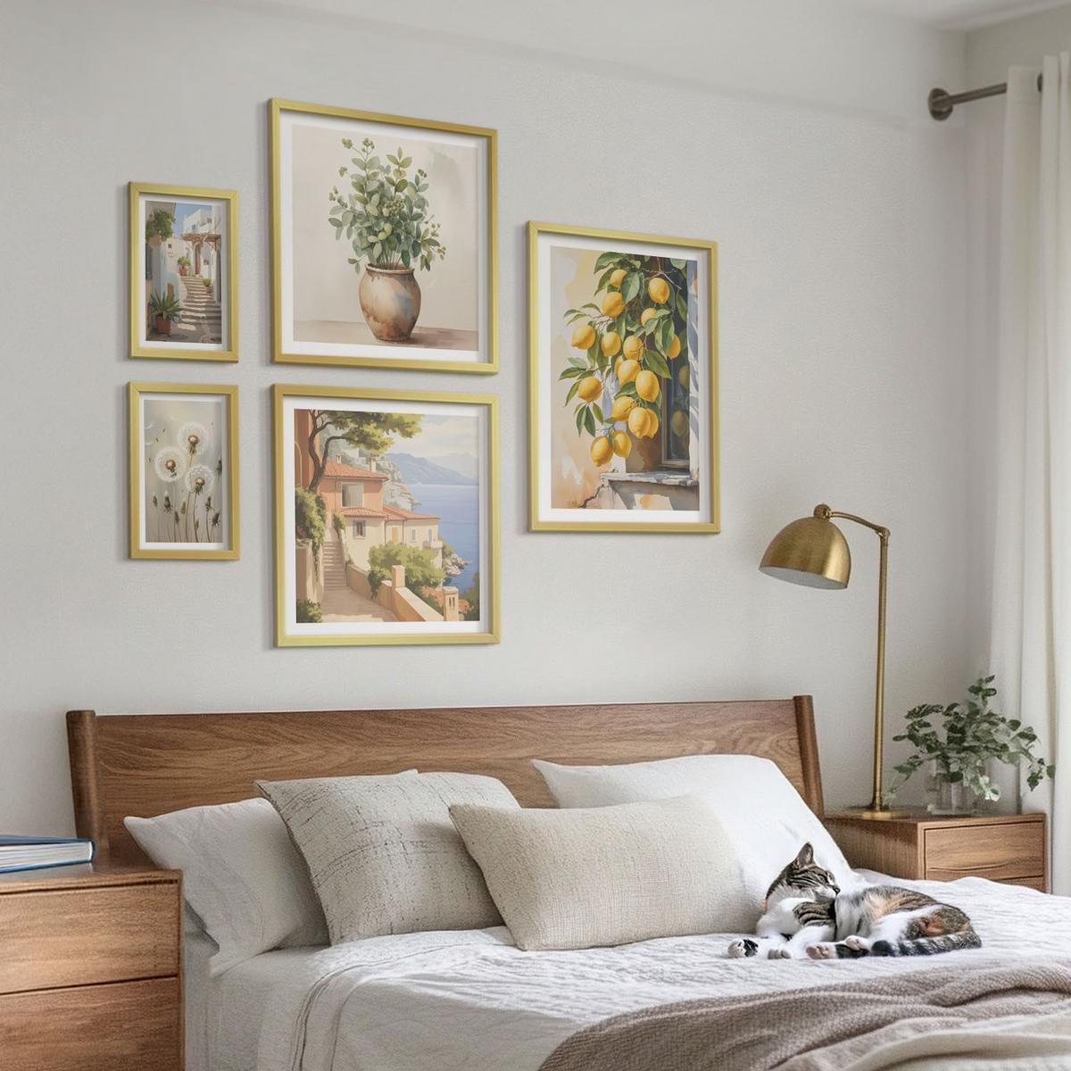 BILDER SET 5er Set - 50x50 cm & 20x30 cm & 40x60 cm Goldrahmen - Lemon Streets Meerblick - Goldfarben, Kunststoff (40/60cm) - TULUP