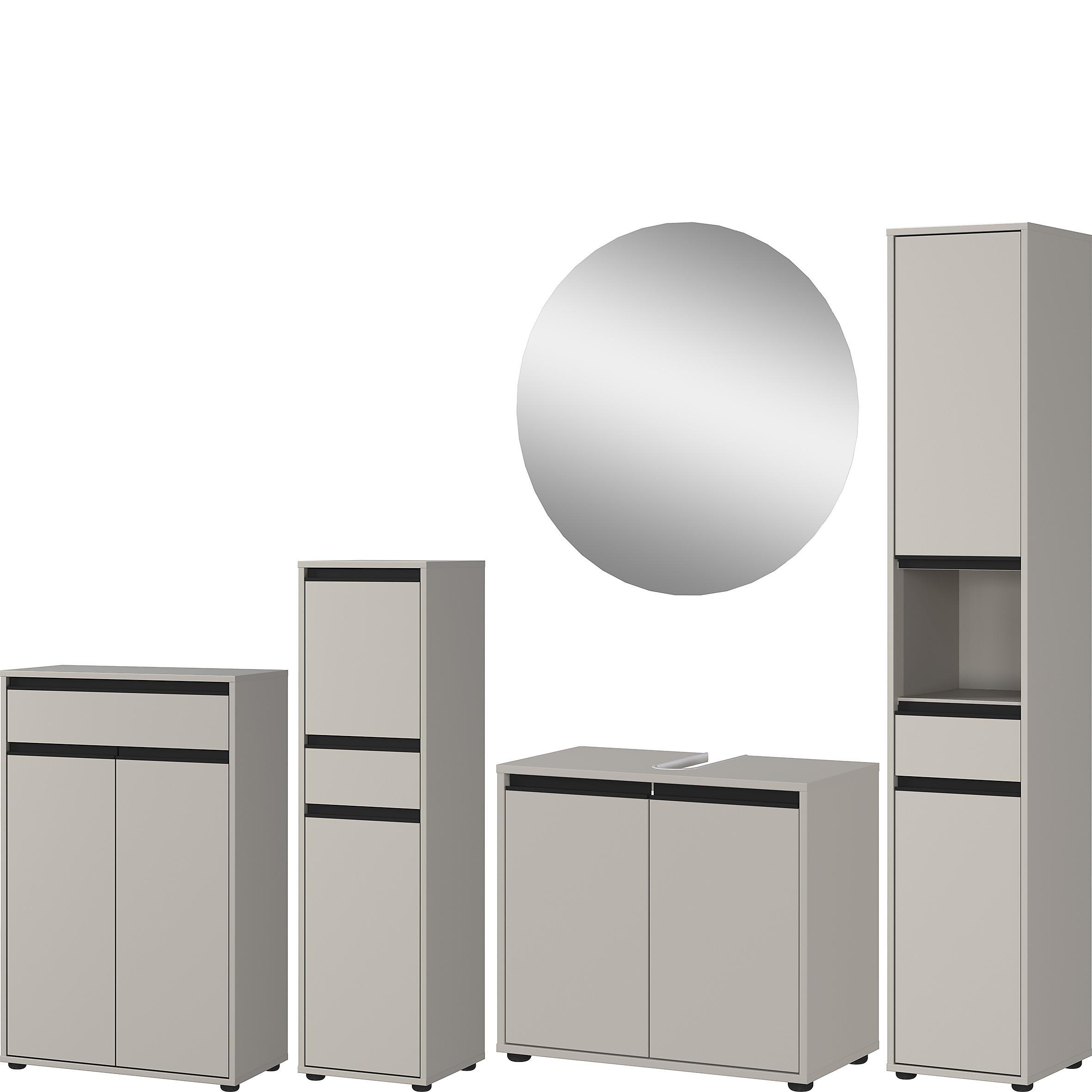 BADMÖBEL-SET HAMBURG 5-teilig XXL | Hochschrank, Unterschrank, Midischrank, Badkommode, Runder Spiegel | Soft-Close & Matt | Steingrau - Grau, Holzwerkstoff (249/190/34cm) - KADIMA DESIGN