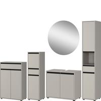 BADMÖBEL-SET HAMBURG 5-teilig XXL | Hochschrank, Unterschrank, Midischrank, Badkommode, Runder Spiegel | Soft-Close & Matt | Steingrau - Grau, Holzwerkstoff (249/190/34cm) - KADIMA DESIGN