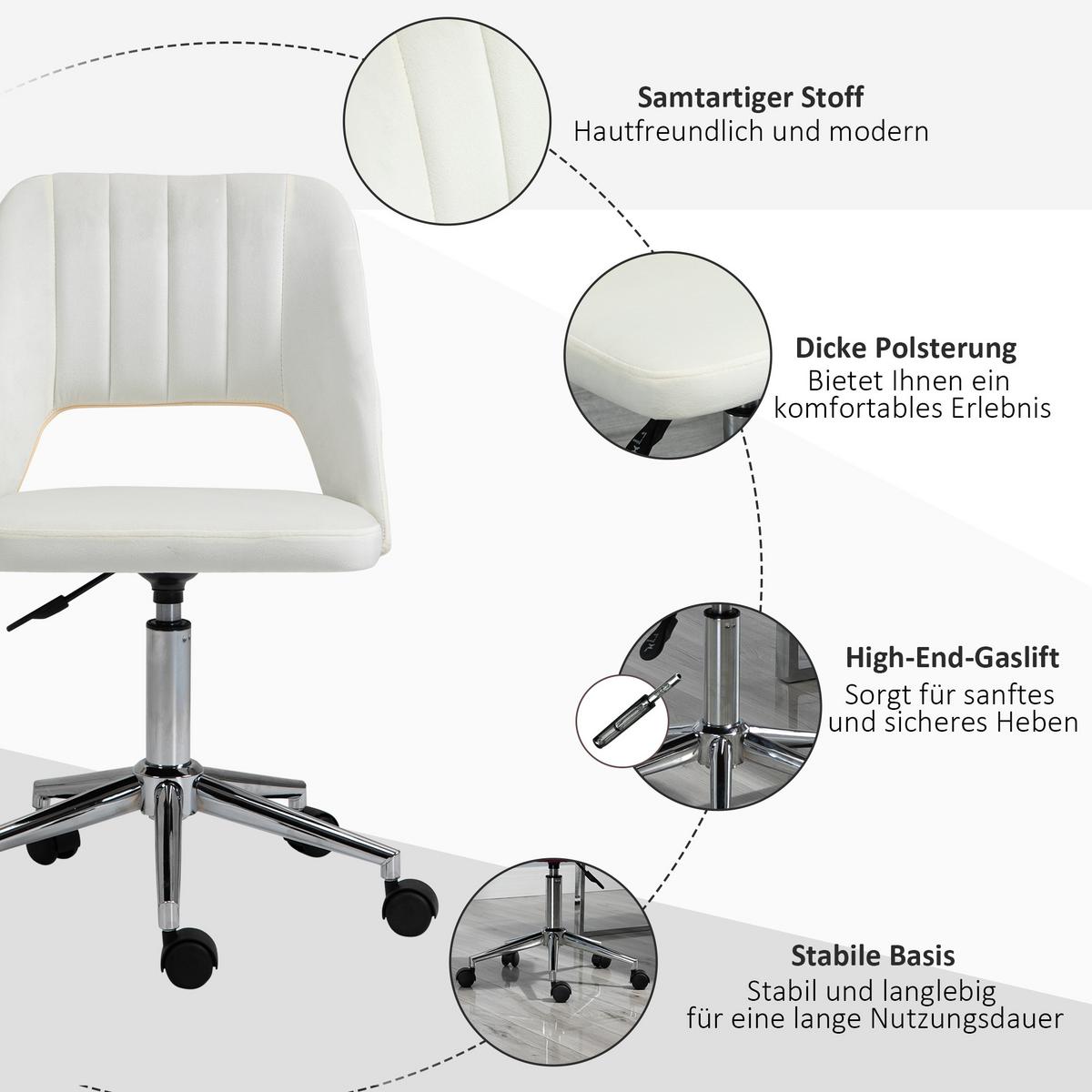 BÜROSTUHL Drehstuhl Jakobsmuschel-Form verstellbar Samtartiges Polyester - Chromfarben/Creme, Textil/Metall (60/91/49cm) - Vinsetto