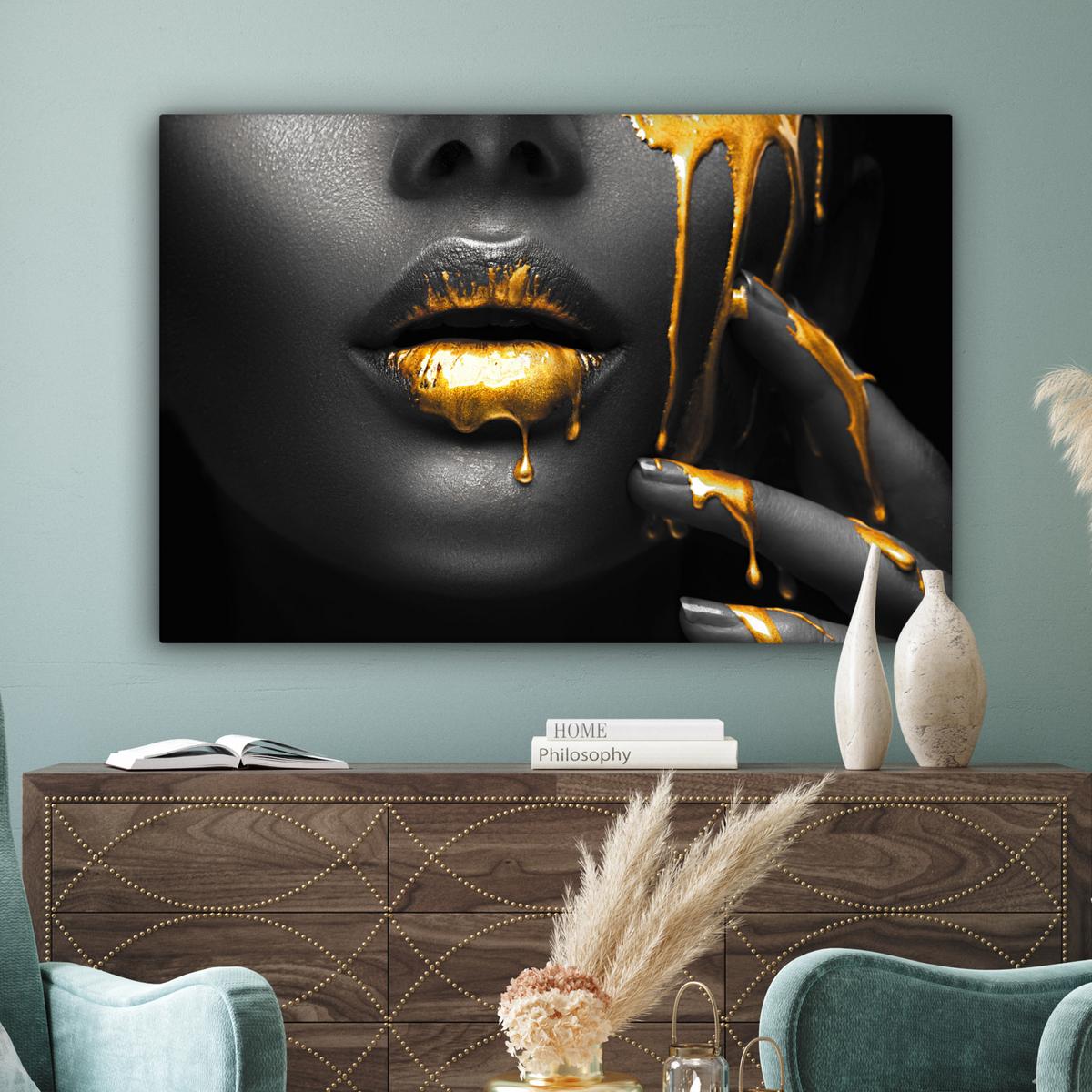 LEINWANDBILD Frau - Schwarz - Gold - Gesicht - Lippen Groß 140x90 cm - Goldfarben, Textil (140/90cm) - MuchoWow