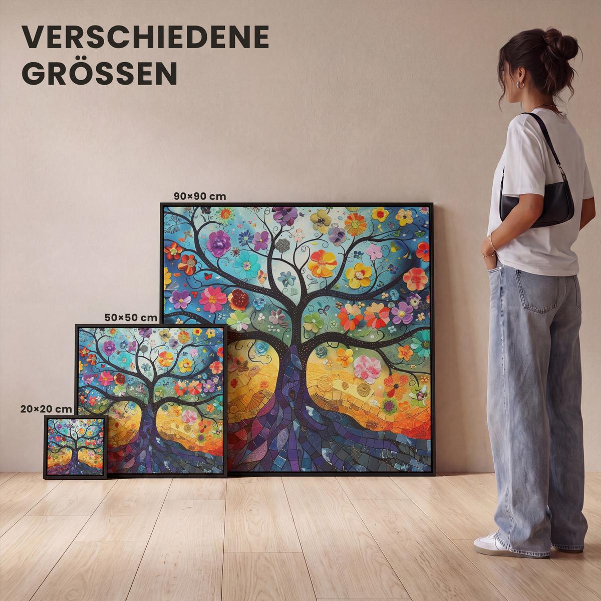 LEINWAND Bilder mit Rahmen - Kunst - Baum des Lebens - Blumen - Hippie - 90x90 - Dunkelblau, Textil (90/90cm) - MuchoWow