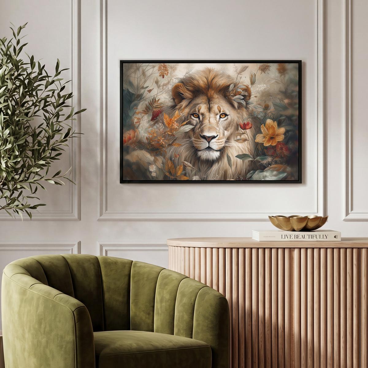 LEINWAND Bilder mit Rahmen - Löwe - Wildtiere - Pflanzen - Natur - Blumen - 60x40 - Beige, Textil (60/40cm) - MuchoWow