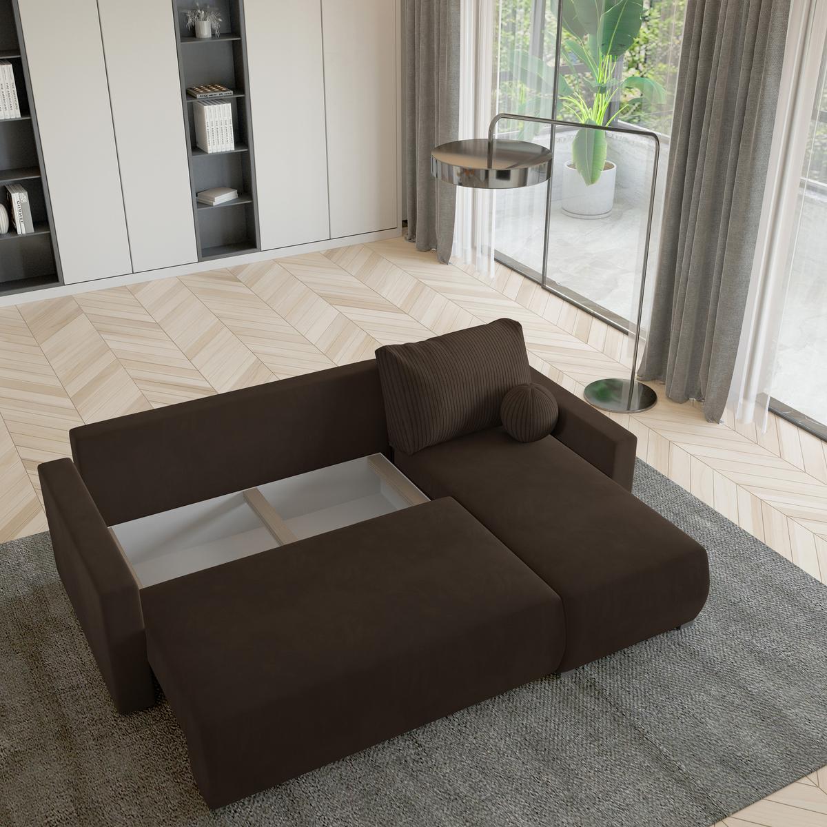 ECKSOFA SORGE Braun Plüsch-Stoff mit Schlaffunktion - Braun, Holz (220/143cm) - MASSENO