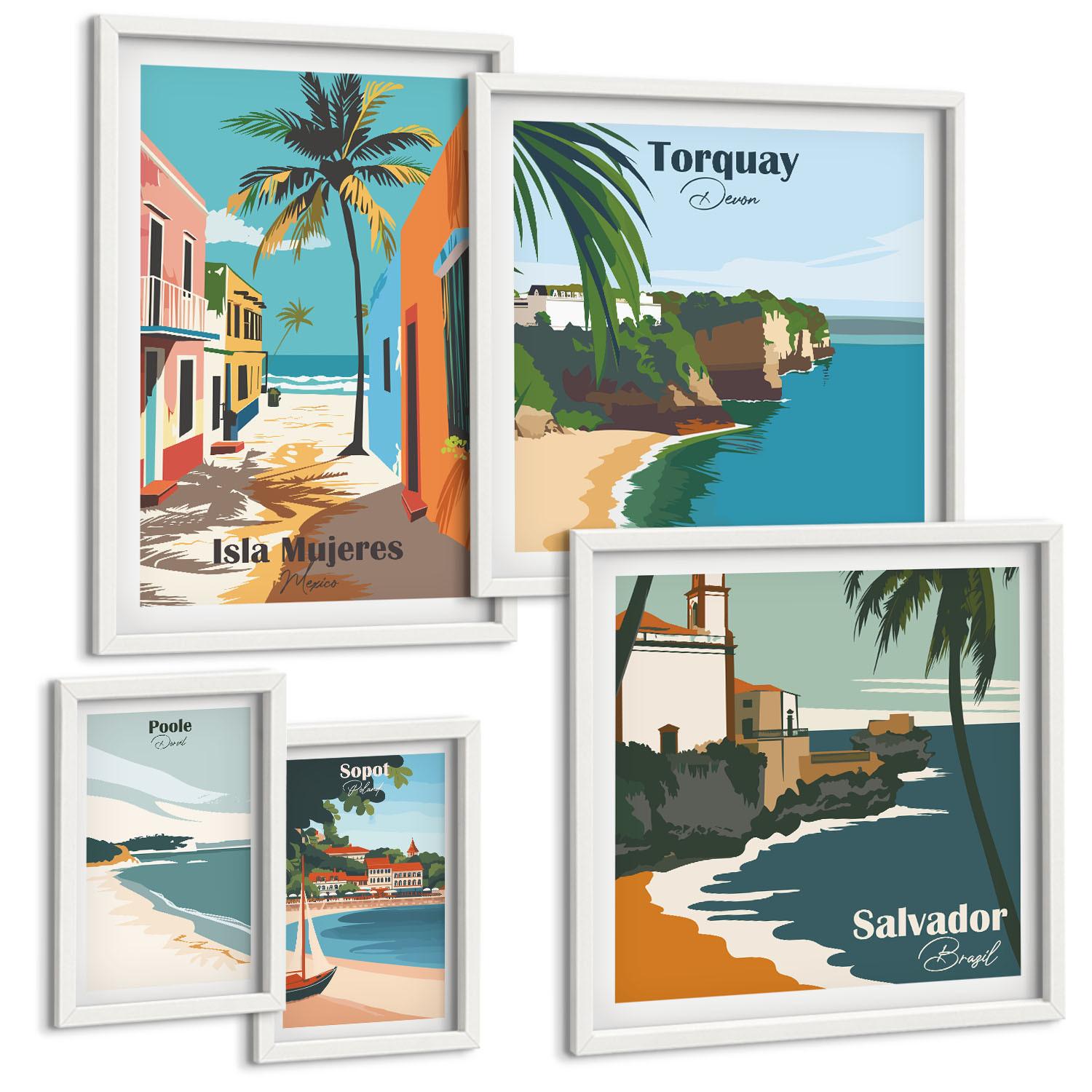 BILDER SET 5er Set - 50x50 cm & 20x30 cm & 40x60 cm Weißer Rahmen - Retro-Ansichten von Städten auf der ganzen Welt - Weiß, Kunststoff (40/60cm) - TULUP