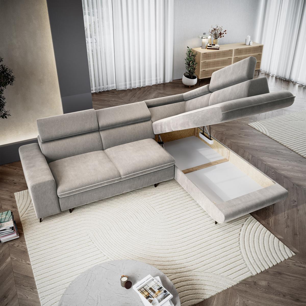 ECKSOFA VELISS Hellgrau Veloursstoff mit Schlaffunktion - Hellgrau, Holz (255/193cm) - MASSENO