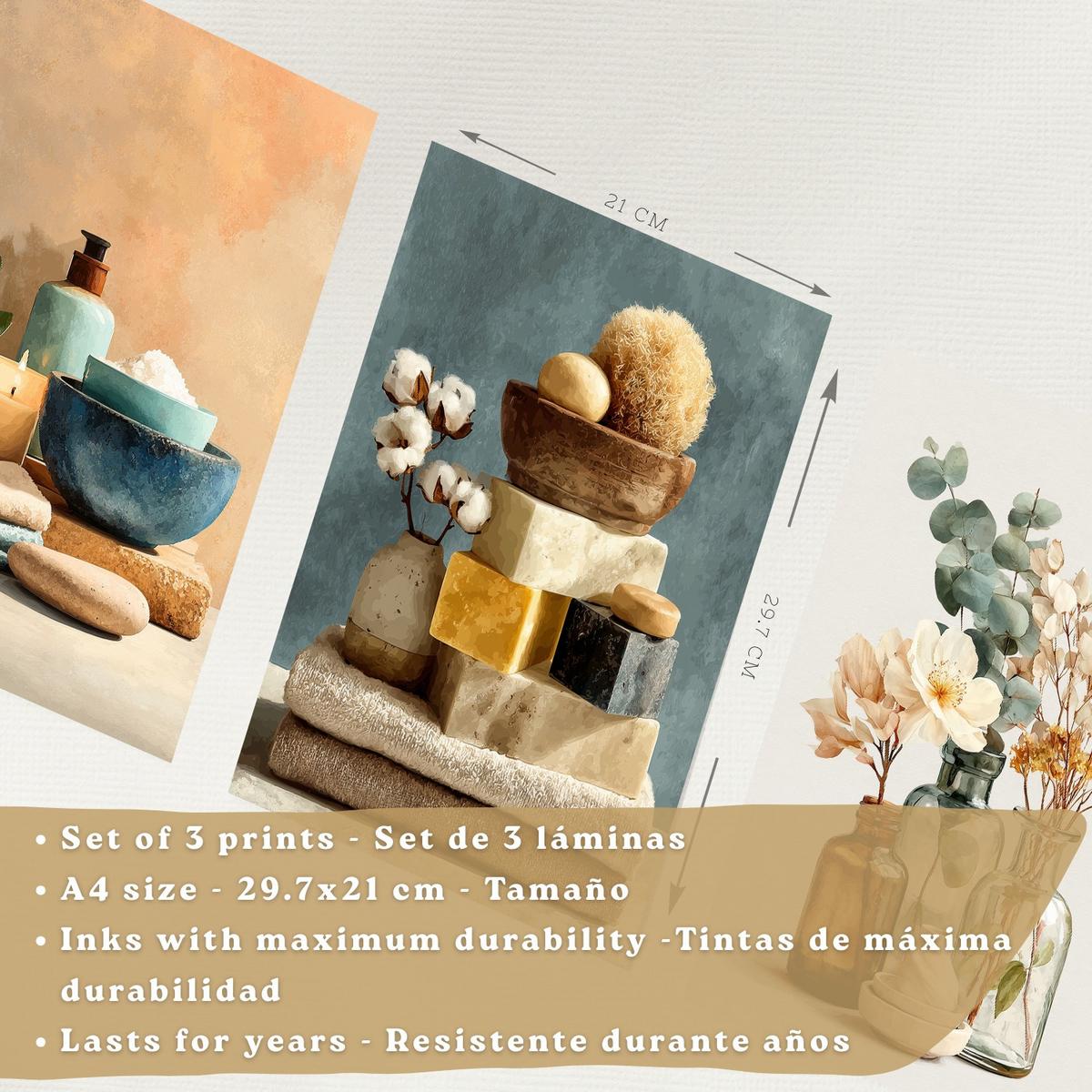 POSTER 3er-Set dekorative Badezimmer-Wandbilder und für Waschbecken, Dusche, WC mit Kerzen, Seifen und Blumen, farbenfroher Leichter Holzrahmen A4 - Beige, Papier (29.7/21/3cm) - Nacnic
