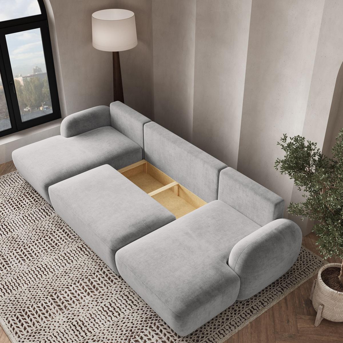 WOHNLANDSCHAFT SAVONA K Hellgrau Plüsch-Stoff mit Schlaffunktion - Hellgrau/Schwarz, Holz/Kunststoff (320/90/148cm) - MASSENO