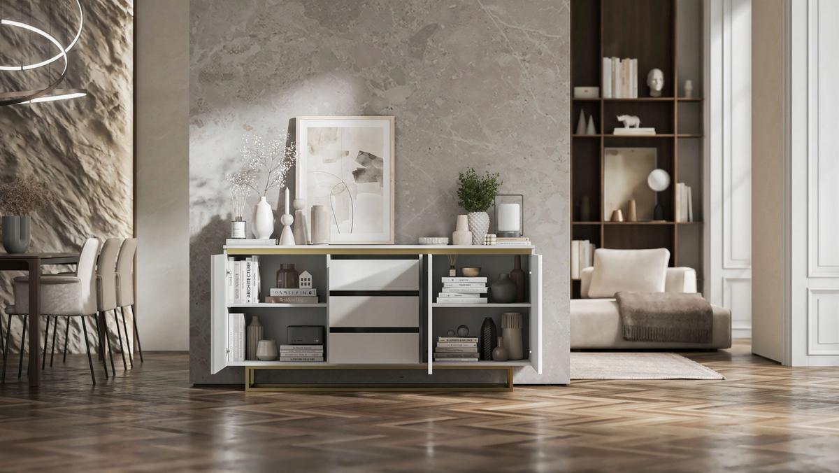 SIDEBOARD Selene 3D Weiß Matt mit geriffelten Fronten Glamour 167 cm - Goldfarben/Weiß, Holzwerkstoff/Metall (167/79/35cm) - Meble Lindner
