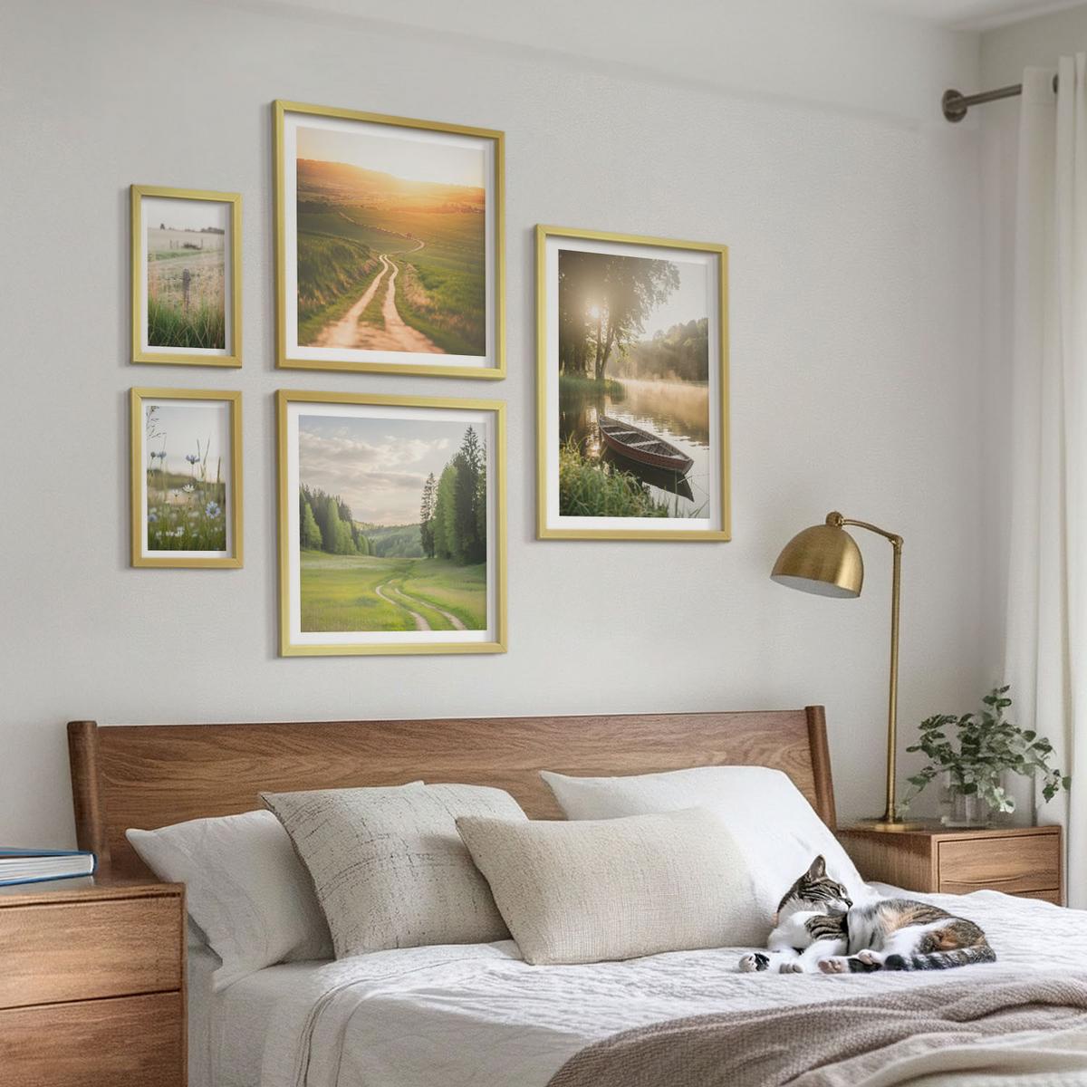 BILDER SET 5er Set - 50x50 cm & 20x30 cm & 40x60 cm Goldrahmen - Landschaftswiesenstraße West - Goldfarben, Kunststoff (40/60cm) - TULUP