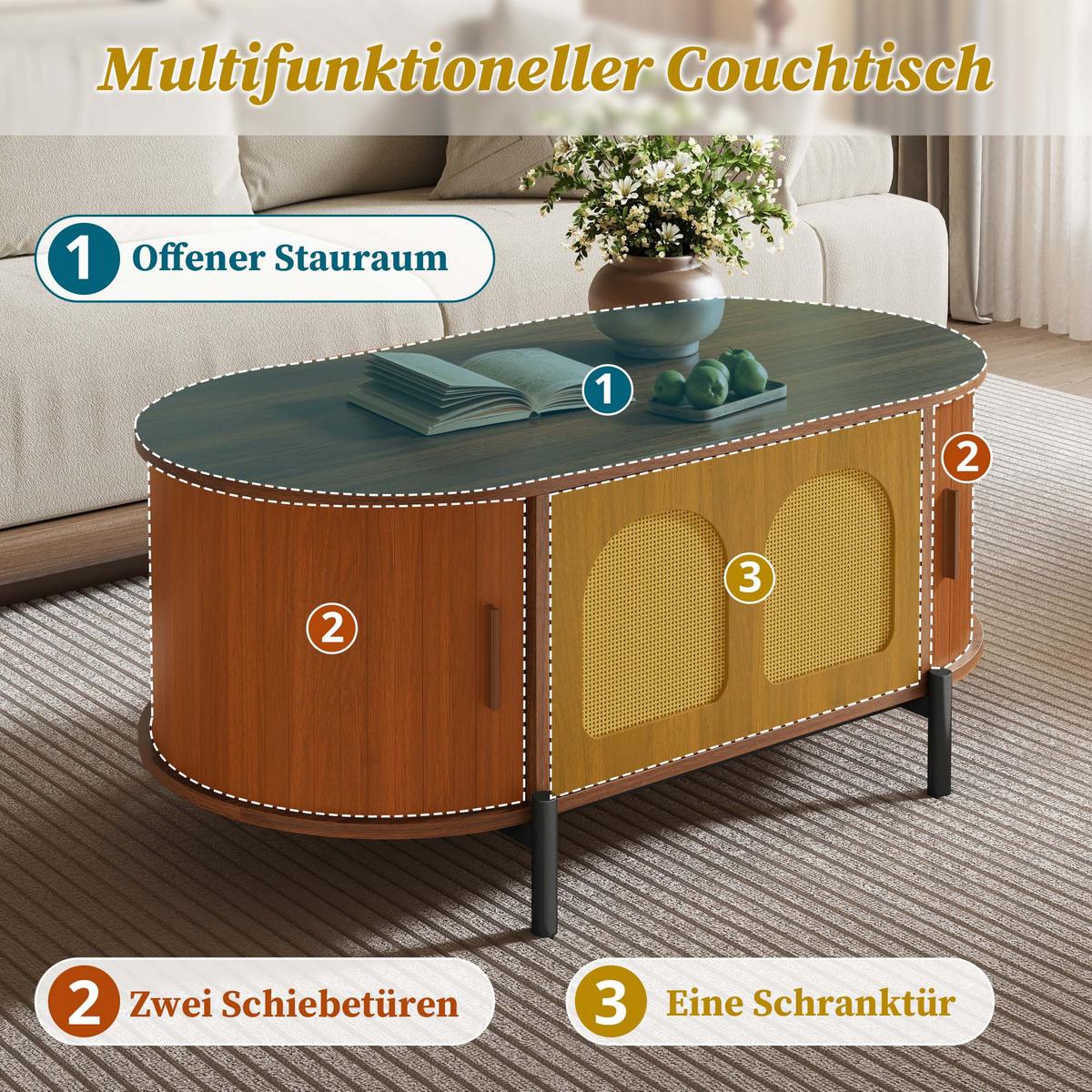 COUCHTISCH in holzoptik mit rattan, ovale form und schiebetüren - Walnussfarben, Holzwerkstoff (50/100/40cm) - Urban Meuble