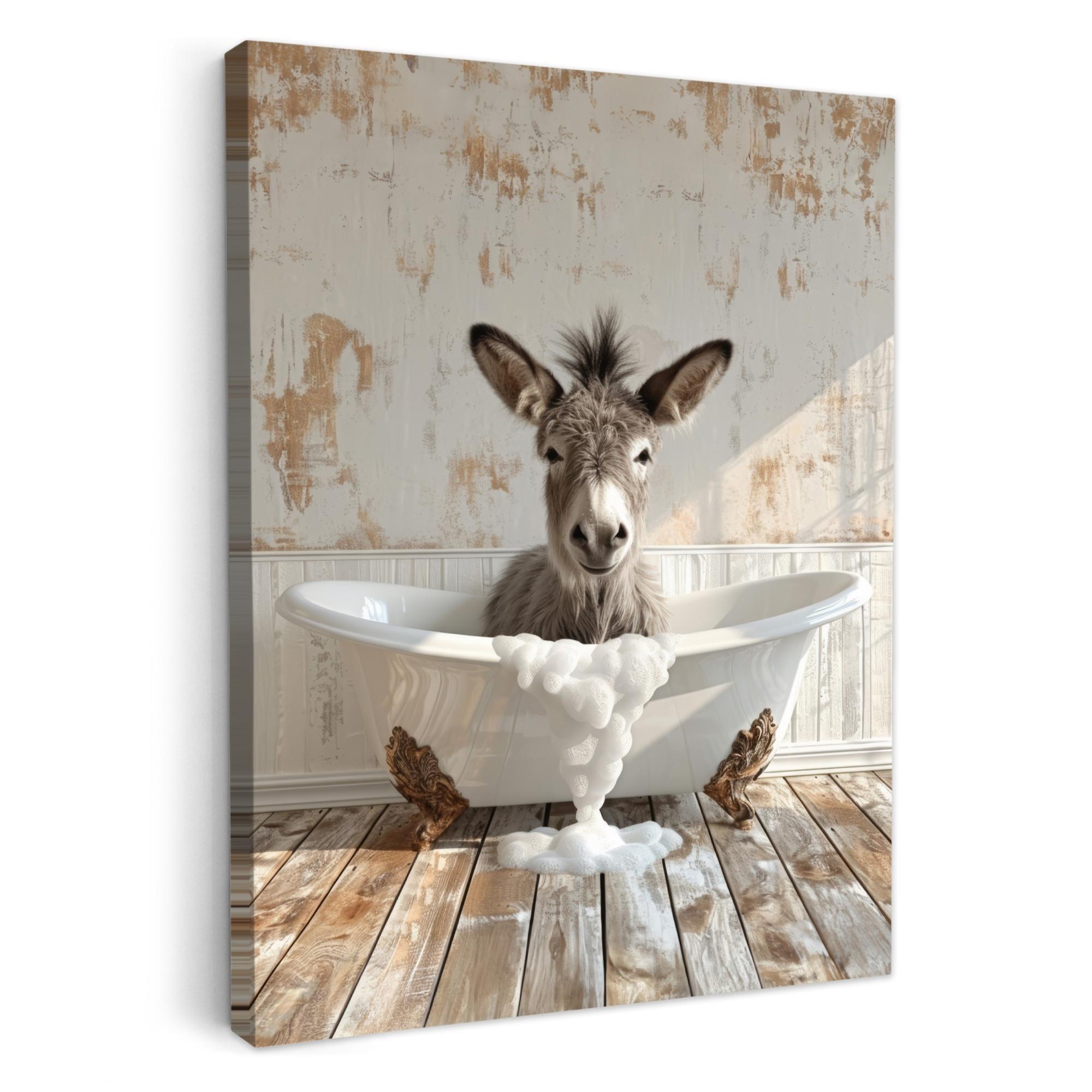 LEINWANDBILD Esel - Tiere - Badewanne - Schaumstoff Wandbild Wohnzimmer 60x80 cm - Weiß, Textil (60/80cm) - MuchoWow