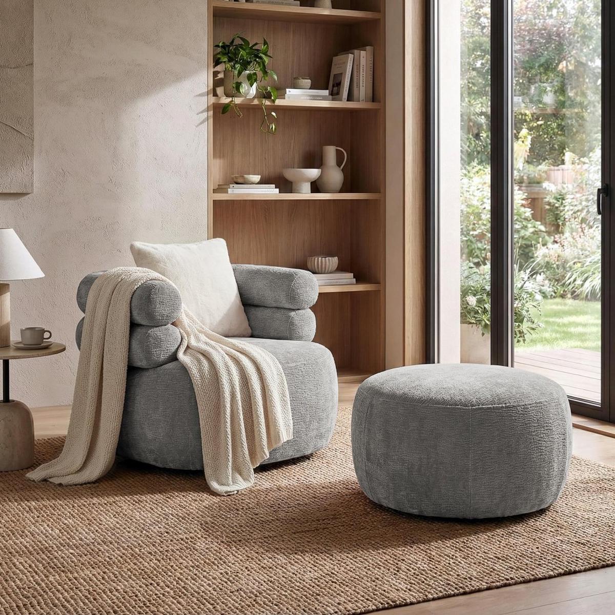 HOCKER Nano mit runder Form, 80x80 cm, Hellgrau - Hellgrau, Textil (80/48/80cm) - Beautysofa