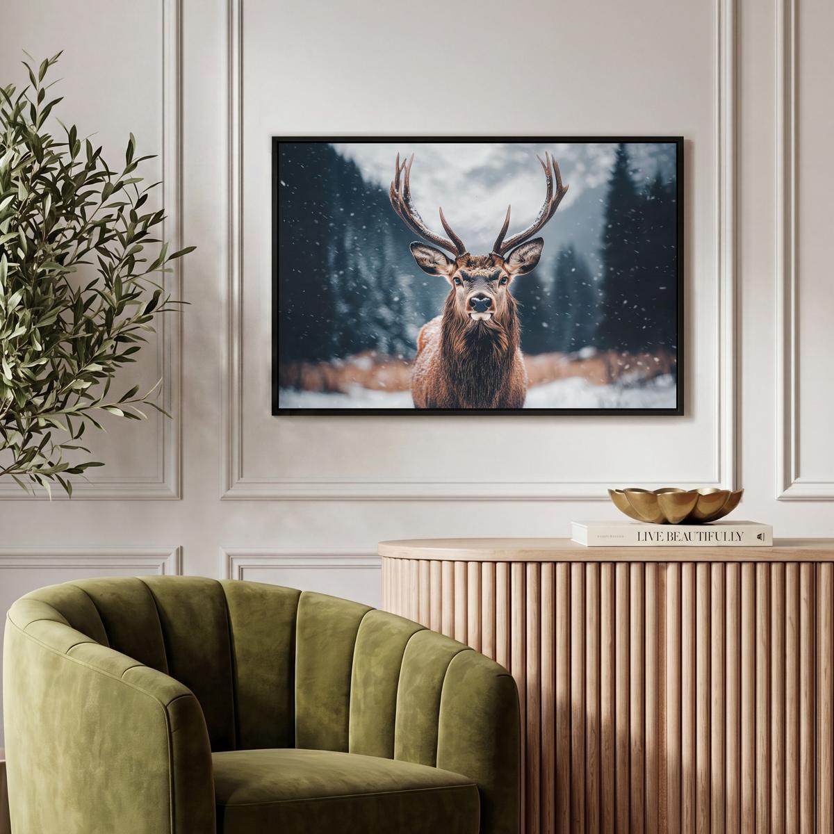 LEINWAND Bilder mit Rahmen - Hirsche - Tiere - Landschaft - Winter - Schnee - 60x40 - Kastanienfarben, Textil (60/40cm) - MuchoWow