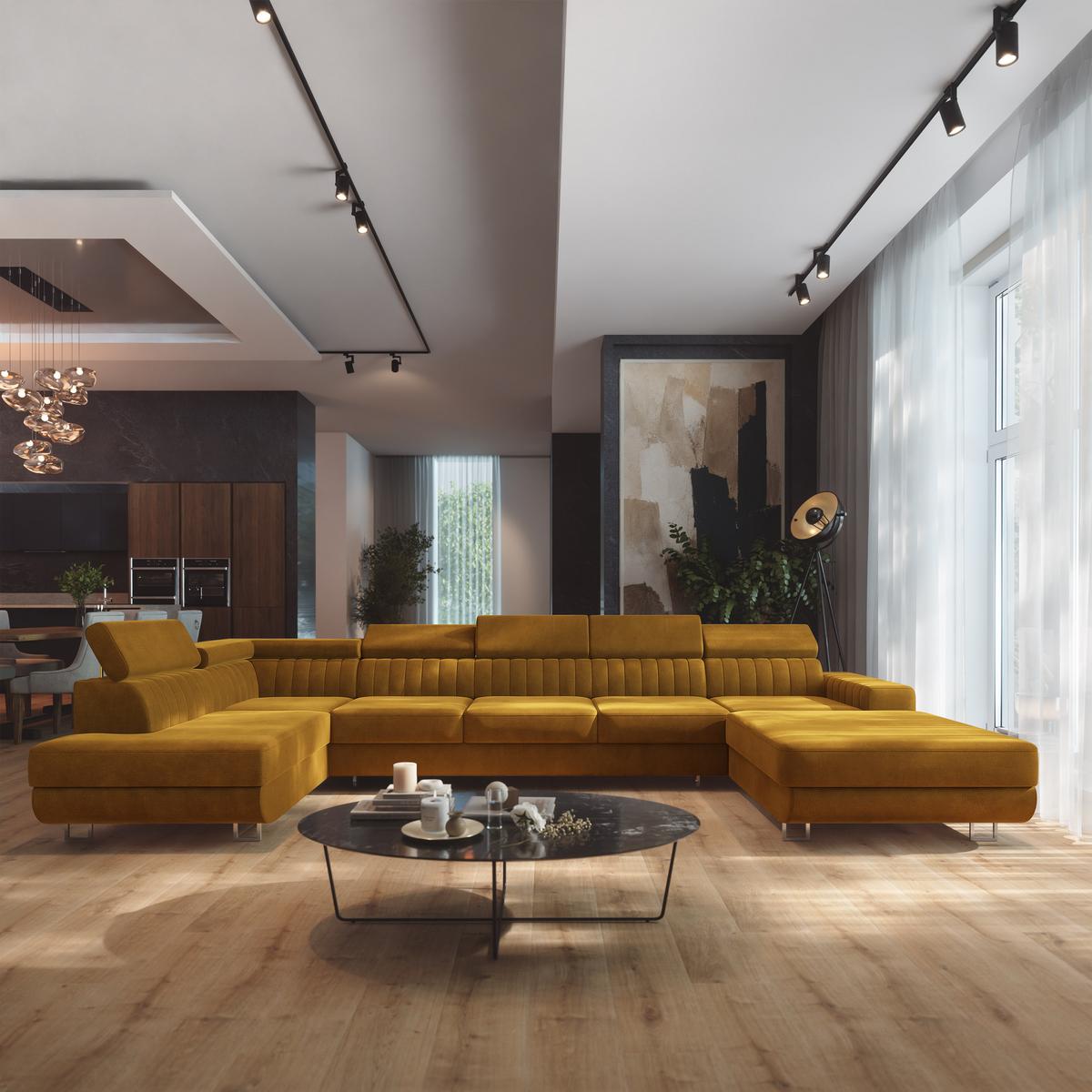WOHNLANDSCHAFT GAIAN Gelb Velours-Stoff mit Schlaffunktion - Gelb, Holz (412/88/190cm) - MASSENO