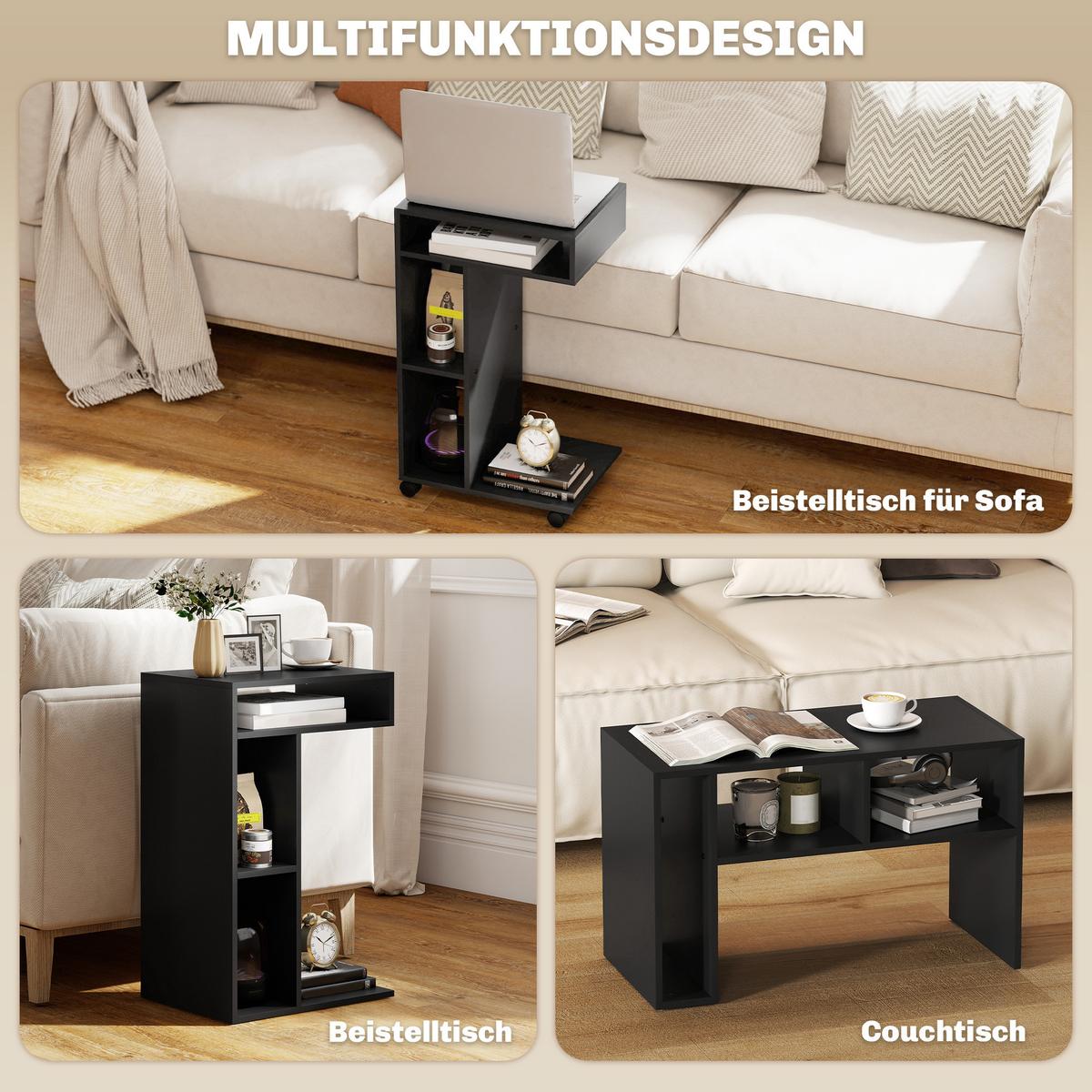 BEISTELLTISCH mit Rollen mit 4 Regalen, Sofatisch Schwarz - Schwarz, Holzwerkstoff (40/30/69cm) - HOMCOM