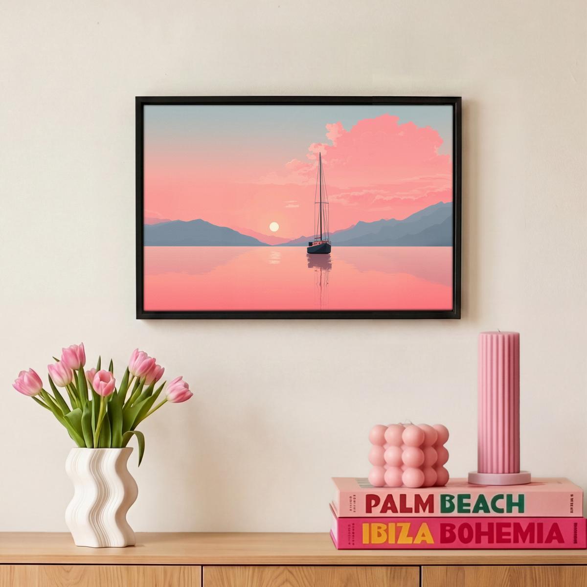 LEINWAND Bilder mit Rahmen - Segelboot - Rosa Meer - Sonnenuntergang - Berge - 30x20 - Rosa, Textil (30/20cm) - MuchoWow
