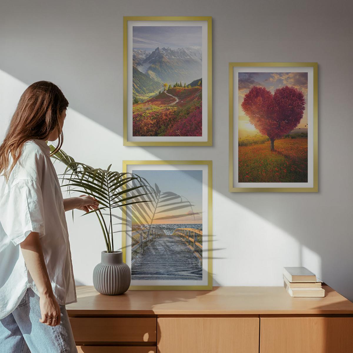BILDER SET 3er Set - 40x60 cm Goldrahmen - Landschaften Berge Baum Herz Pier - Goldfarben, Kunststoff (40/60cm) - TULUP
