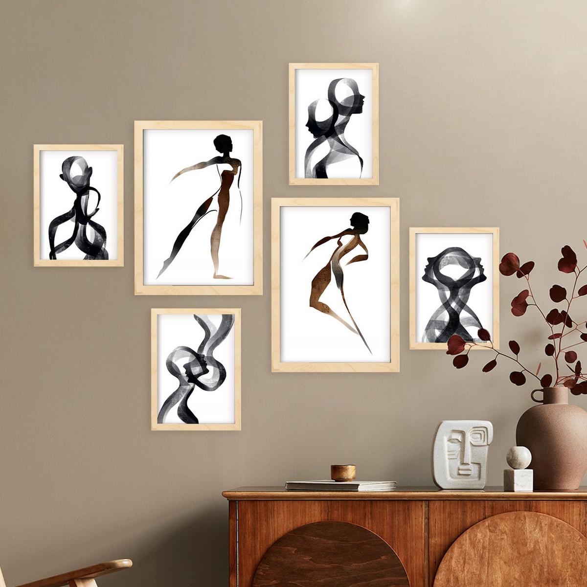 POSTER Set Mit 6 Körpertugend 2 In Liebhaber Abstrakt Ästhetische Dekorative Gemälde Für Ihr Wohnzimmer Zuhause A3 & A4 Rahmen Aus Hellem Holz - Beige, Papier (29/3cm) - Nacnic