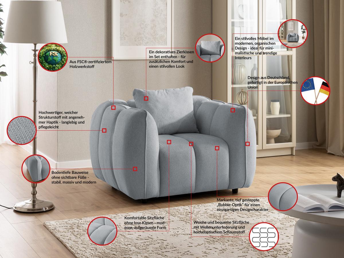 SESSEL Nubira in tief gesteppter Bubble-Optik aus weichem Grau Strukturstoff im modernen Design - Schwarz/Grau, Holz/Kunststoff (115/69/89cm) - S-Style Möbel