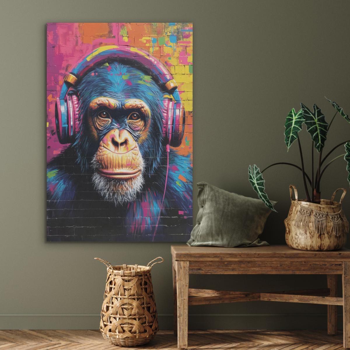 AKUSTIKBILD Graffiti - Schimpanse - Straßenkunst - Kopfhörer - Affe Wanddeko 70x100 cm - Blau, Kunststoff (70/100/0.9cm) - MuchoWow