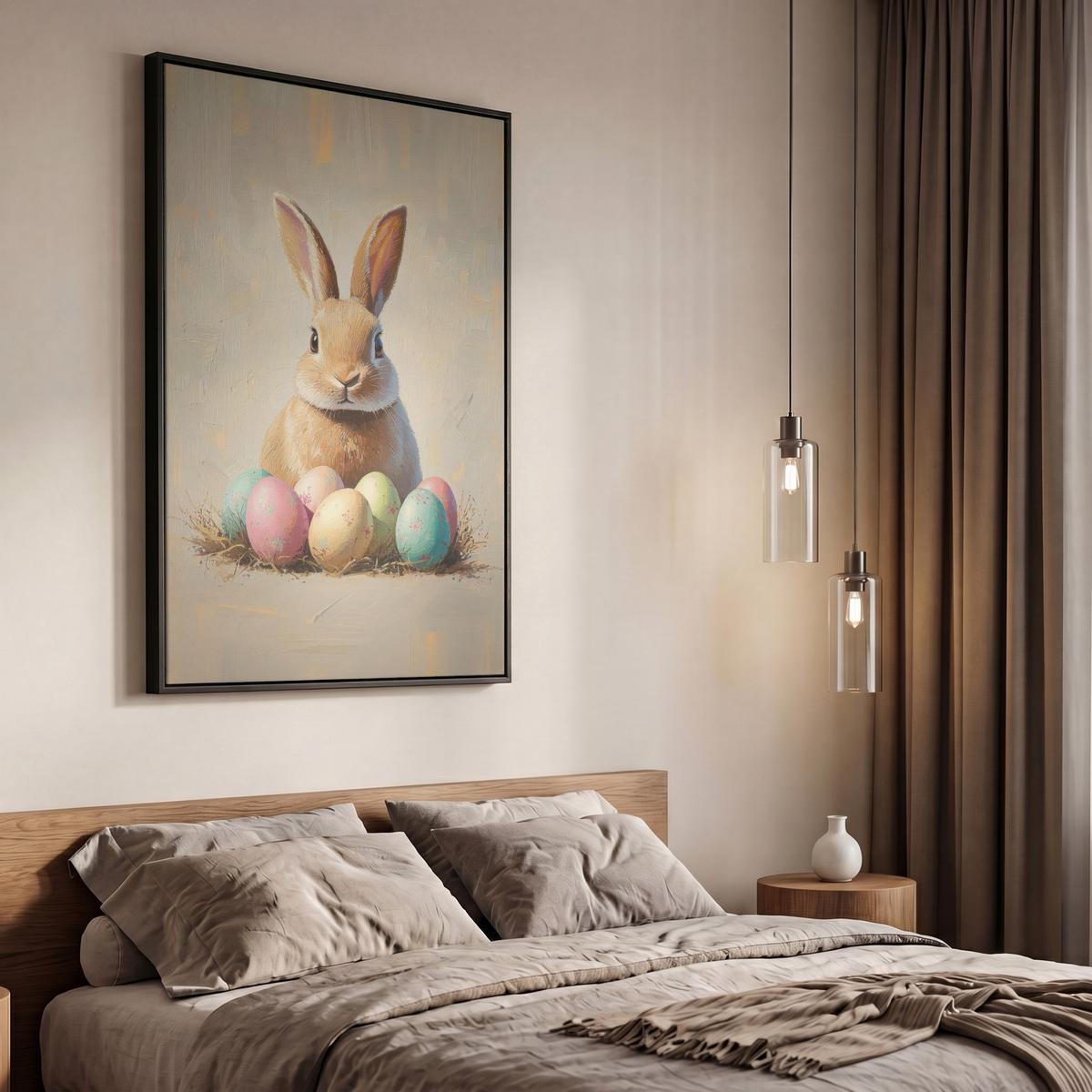 LEINWAND Bilder mit Rahmen - Osterhase - Pastell - Eier - 60x90 - Beige, Textil (60/90cm) - MuchoWow