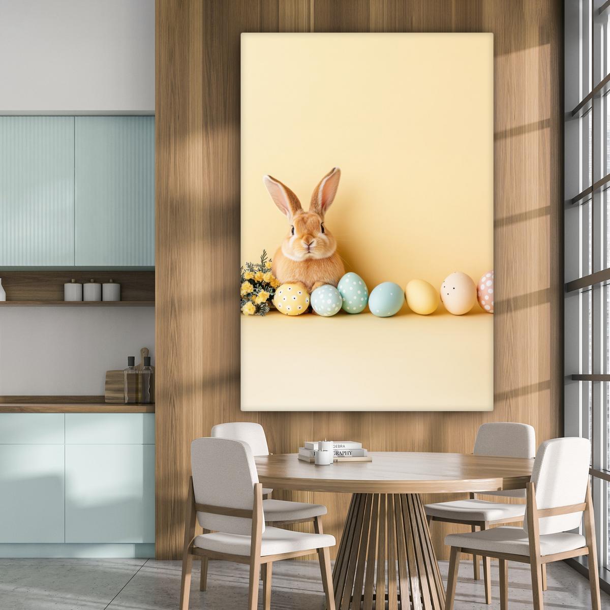 LEINWANDBILD Eier - Kaninchen - Pastellfarbtöne Deko Groß 90x140 cm - Hellgelb, Textil (90/140cm) - MuchoWow