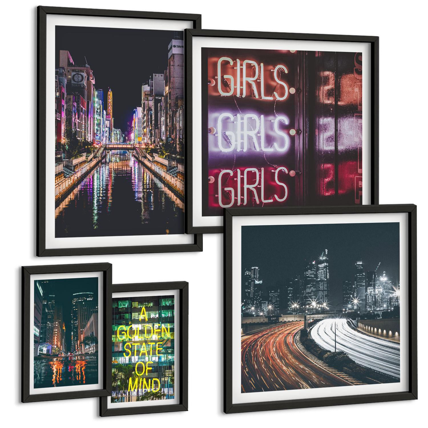 BILDER SET 5er Set - 50x50 cm & 20x30 cm & 40x60 cm Schwarzer Rahmen - Neonreklamen in der Stadt bei Nacht - Schwarz, Kunststoff (40/60cm) - TULUP