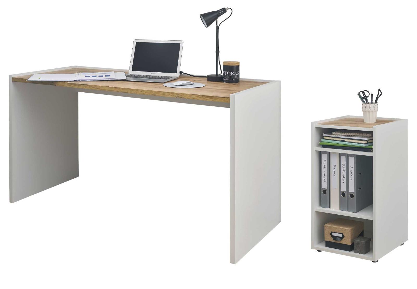 SCHREIBTISCHKOMBINATION 2-teilig weiß matt, Eiche Wotan 143 cm, Büromöbel Set mit Bürocontainer - Eiche Wotan/Silberfarben, Holzwerkstoff/Kunststoff (62/143/76cm) - Furn.Design