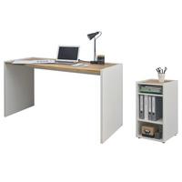 SCHREIBTISCHKOMBINATION 2-teilig weiß matt, Eiche Wotan 143 cm, Büromöbel Set mit Bürocontainer - Eiche Wotan/Silberfarben, Holzwerkstoff/Kunststoff (62/143/76cm) - Furn.Design