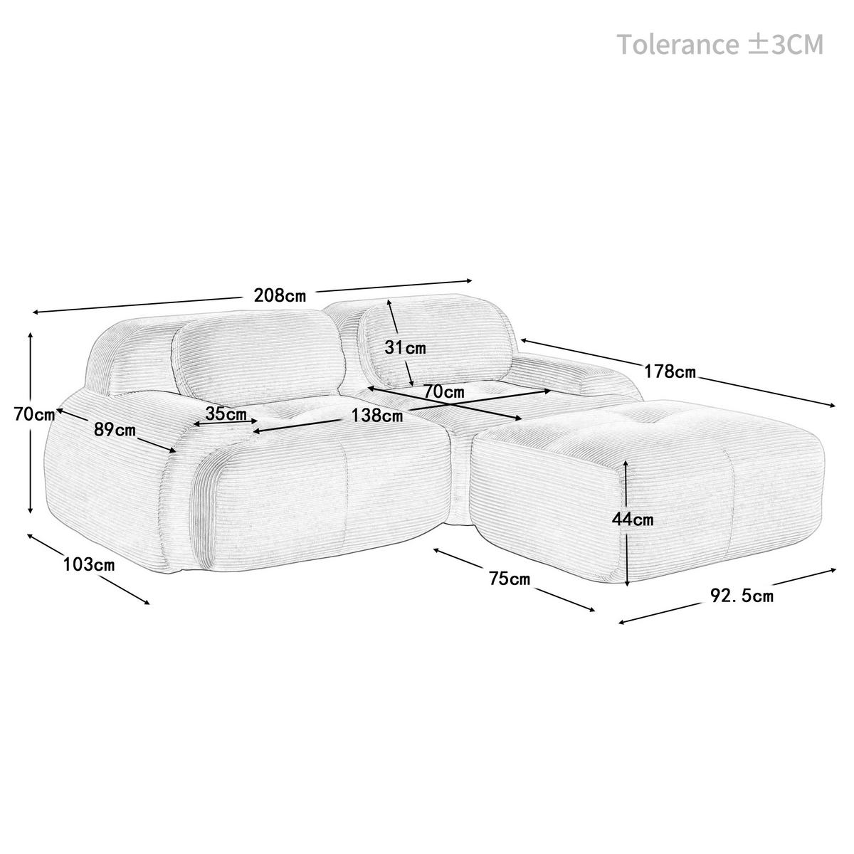 ECKSOFA Modulares Boneless Cord Sofa 2-Sitzer - Braun, Textil (208/178cm) - Urban Meuble