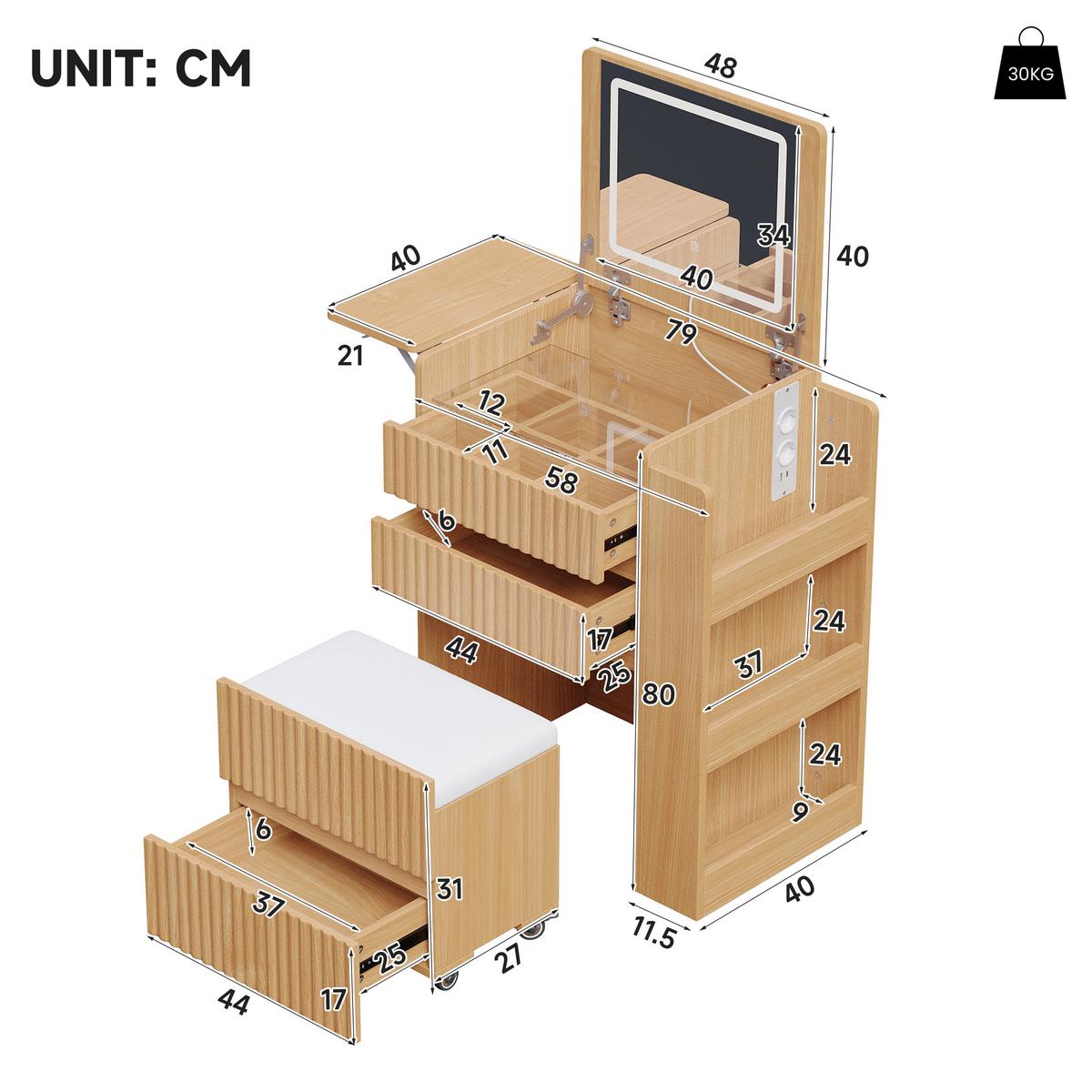 SCHMINKTISCH mit Hocker Naturholzoptik mit LED-Klappspiegel, Ladestation - Naturfarben, Holzwerkstoff (79/120/40cm) - Urban Meuble