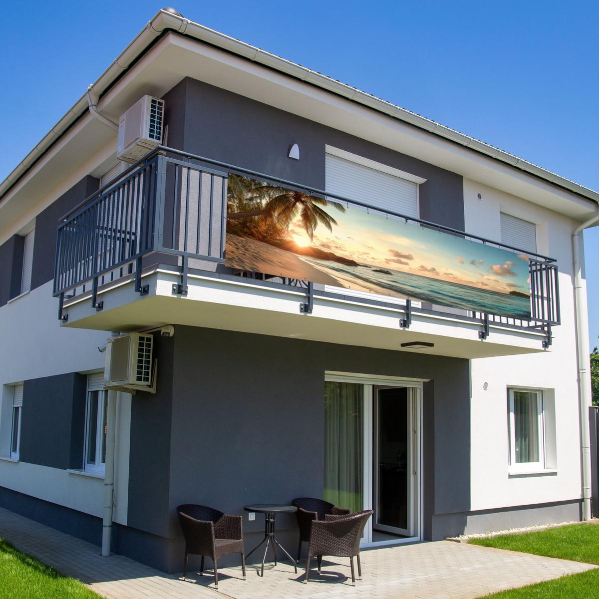 BALKON-SICHTSCHUTZ Strand - Palmen - Meer - Sonnenuntergang Deko XXL 500x130 cm - Samtahornfarben, Kunststoff (500/130cm) - MuchoWow