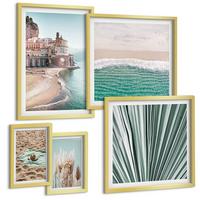 BILDER SET 5er Set - 50x50 cm & 20x30 cm & 40x60 cm Goldrahmen - Strandwellen Grashut - Goldfarben, Kunststoff (40/60cm) - TULUP