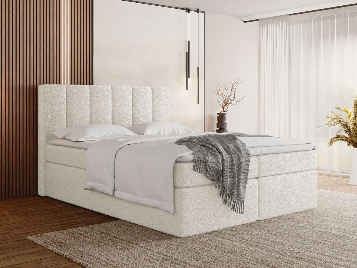 BOXBETT Amira mit Bettkasten, Boucle Weiß 120/200 cm – 7-Zonen Taschenfederkern-Matratze & Komfortschaum-Topper - Schwarz/Weiß, Kunststoff/Textil (120/200cm) - WFL GROUP