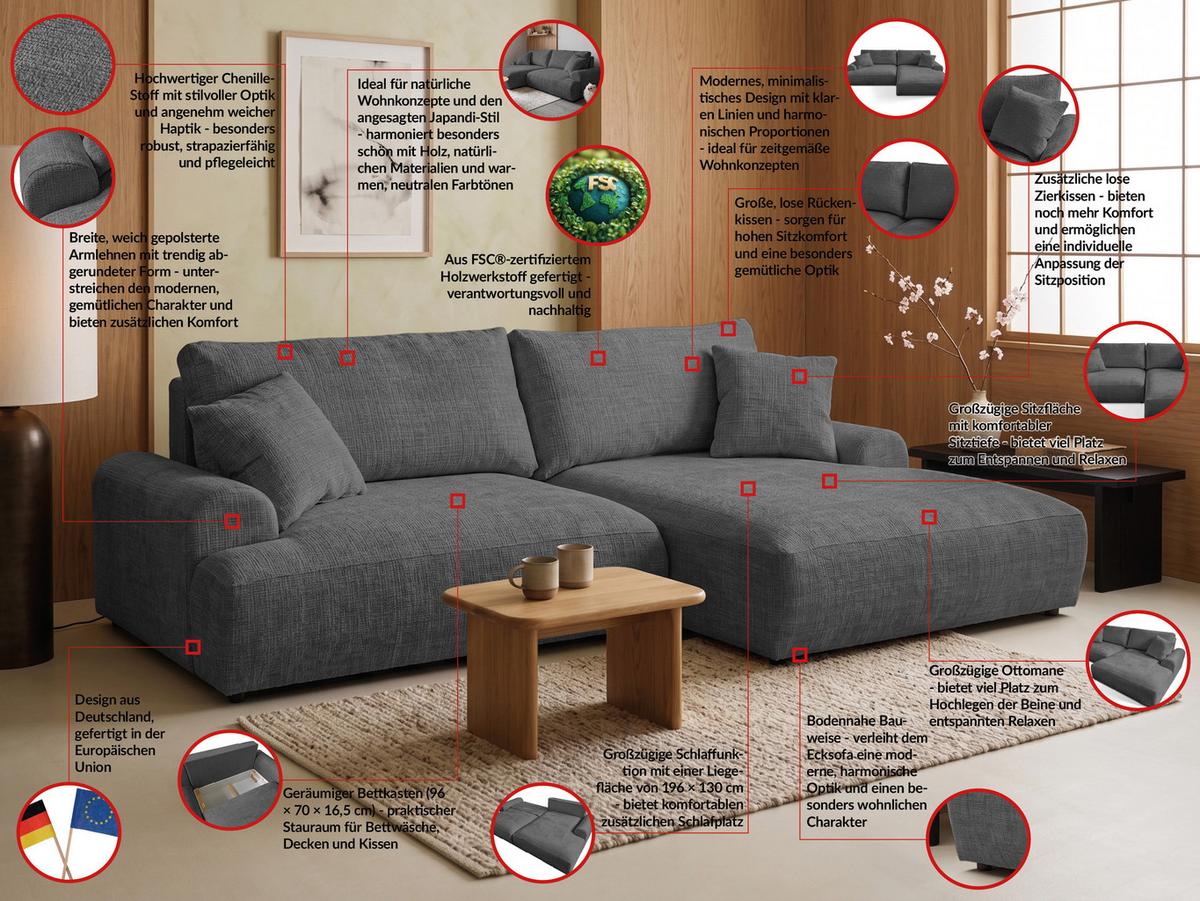 ECKSOFA Melvano mit Schlaffunktion und Bettkasten im Japandi-Stil aus weichem Grau Chenille-Stoff - Schwarz/Grau, Holz/Kunststoff (240/145cm) - S-Style