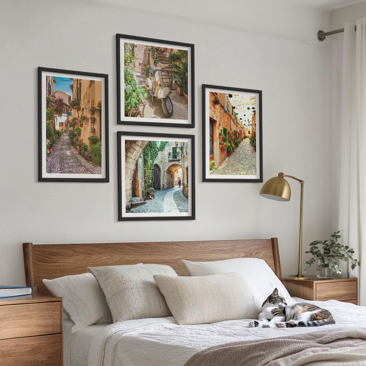 BILDER SET 4er Set - 50x50 cm & 40x60 cm Schwarzer Rahmen - Charmante italienische Straßen und Blumen - Schwarz, Kunststoff (50/50cm) - TULUP
